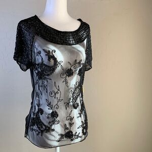 𝅺SHEILA yen dusk collection black sheer beaded top size medium short sleeves